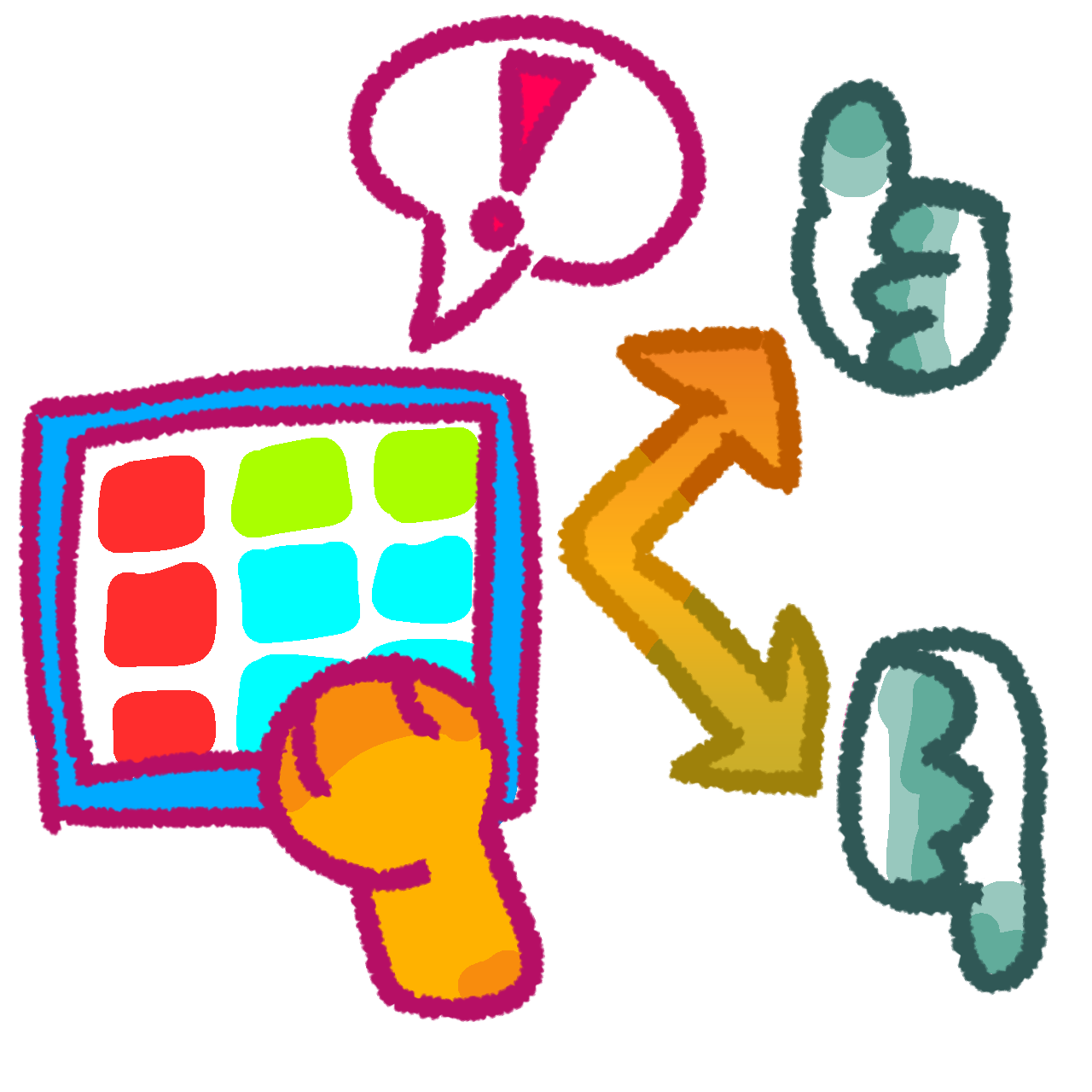 on the left is a yellow hand touching a blue aac tablet, with a speech bubble and pink exclamation mark coming out of the aac tablet. On the right is a white thumbs up above a white thumbs down. Between the two is a orange-green gradient arrow splitting into two and pointing from the left to the right. 